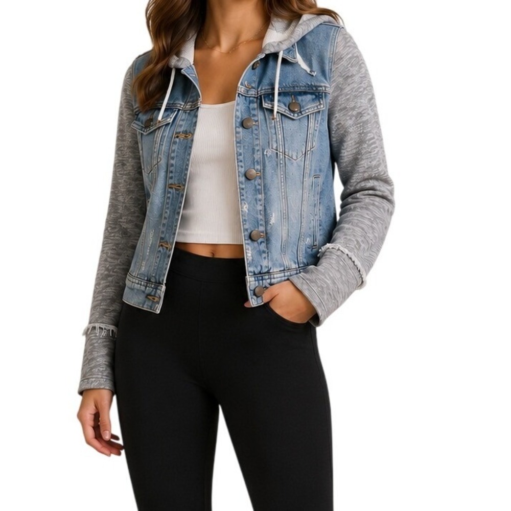Free People Blue Grey Distressed Mixed Media Hooded Denim Jacket Women's XS
